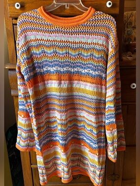 Bright Multicolor Striped Crochet Tunic Sweater Dress
